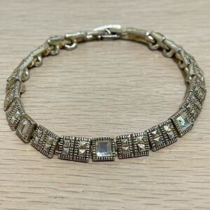 Vintage Inspired Art Deco Bracelet 7" Square Faceted Gold Tone Clear Rhinestones